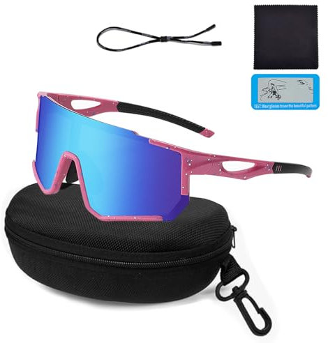 XWUX Lunette de Soleil Sport Polarisée, Lunette Running Femme Homme UV400, Antidérapantes avec Vue HD pour VTT, Cyclisme sur Route, Course à Pied, Golf, Ski, Rave (Bleu-Rose)