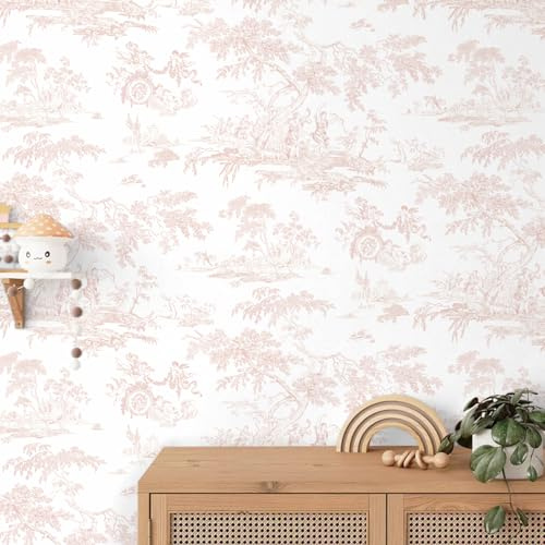 Yomshi 44cm×3m Pink Self Adhesive Wallpaper Vinatge Angel Tree and Animal Vinyl Film Sticky Back Plastic Roll Contact Paper Removable Vinyl Wrap for Bedroom Living Room Cabinets