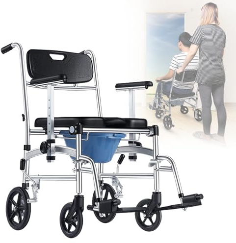 Verstellbarer, klappbarer Duschstuhl mit erhöhten Armlehnen, feststellbaren Rädern, abnehmbarem Eimer, gepolstertem Sitz, Toilettenrollstuhl for Senioren