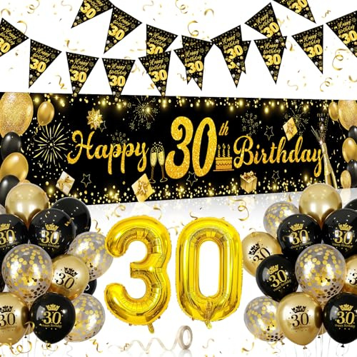 30 Geburtstag Deko, Deko 30. Geburtstag Mann Frau Schwarz Gold, Geburtstagsdeko 30 mit 30 Hintergrund Banner, Girlande Wimpel, Folienballons für 30. Geburtstagsparty Deko