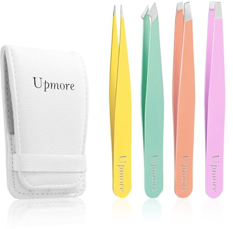 Upmore 4x Pinzette Set Edelstahl - Farbig Augenbrauenpinzette Set Schere Pinzette, gerade schräge spitze Zupfpinzette Splitterpinzette Spitzpinzette für Frauen und Männer