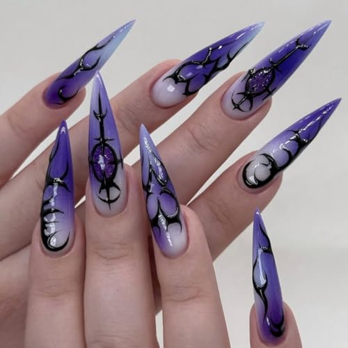 24pcs Halloween False Nails Long Stiletto, Purple White Ombre Press on Nails with Black Tribal Flame Design, Gothic Stick on Nail Tips Removable Glue-on Fake Nail Art Accessories for Women