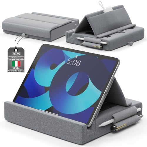 Mihoho Cuscino supporto per tablet, cuscino morbido con tasca, supporto con vano portaoggetti, supporto pieghevole per iPad, ideale per gambe, letto, divano e scrivania (Grigio K)