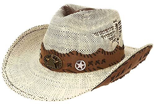 Lipodo Talico Cowboy Strohhut Westernhut Garniturband meliert Damen Frühjahr Sommer cremeweiß M (56-57 cm)