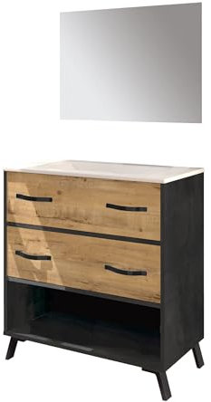 Conjunto Mueble de Baño con Lavabo cerámico y Espejo incluido, Industrial Negro y Roble Gold, 80cm ancho, con Patas, 2 Cajones guías cierre suave,y 1 Estante, para Lavabo encastrado, modelo Hudson