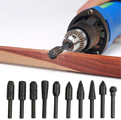 Juego de 10 fresas giratorias de acero, 6 mm (1/4 pulgadas), broca de escofina de madera para grabado, molienda, pulido y fresado