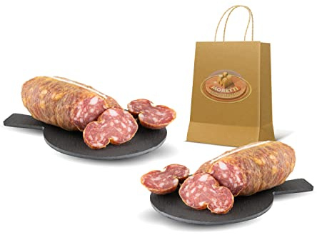 Moretti® | Soppressata assaisonnée artisanale | 600g / 700g Sous Vide 2 Packs |Salami traditionnel | Planche à découper en bois cadeau (BLANC DOUX)