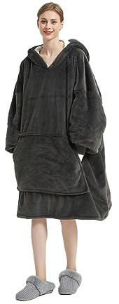 Lanqinglv Decke Hoodie Sweatshirt Plüsch Flauschige Sherpa TV-Decke mit Ärmeln Schwarz Dunkelgrau,Oversized Kapuzenpullover Kuscheldecke,Flanell Fleecedecke,Sofa Decke Einheitsgröße für Damen,Herren