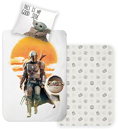 Disney Home Mandalorian Wendebettwäsche Set 135x200 - Kopfkissenbezug 80x80 - Super weiche Renforce 100% Baumwolle, 2-teilig Mandalorian Bettwäsche, Weich und angenehm auf der Haut