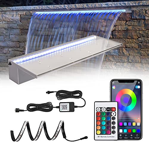 24'' APP Control Waterfall Spillway with RGB LED Lights, Acrylic Pond Fountain Set for Outdoor Decorations, Patio Pool Kit on The Wall for Garden w/16 Color Changing, Easy Installation