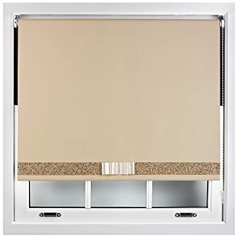 FURNISHED Blackout Roller Blinds Decorative Glitter Fabric & Bow - Trimmable - Cappuccino 55W x 165H cm