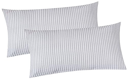 Seersucker Kissenbezug - 2er Set in 40x80cm - Grau, Weiß - Gestreift - Kopfkissen-Bezug, Kissenhülle, Doppelpack - 100% Baumwolle (BS-Streifen-Grau)
