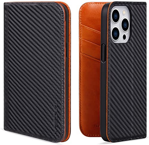 VISOUL iPhone 14 Pro Hülle, Handyhülle Carbon Leder RFID Schutz Schützt vor Stoß Standfunktion Kartenfach Magnet TPU Handytasche Orange T