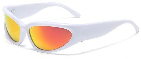 YUELUQU Y2K Wrap Around Sunglasses Men's Women's Futuristic Outdoor Sports Sunshade UV400 Glasses (White Frame/Orange Lens)