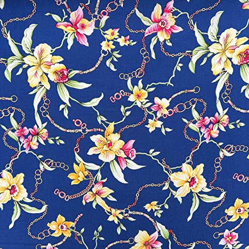 Discover Lifestyle & Fashion Fabrics Viskose-Twill-Challis bedruckte Sommerkleidung, Kleid, Blusen, Vorhang, leicht, seidiges Gefühl, Stoffmaterial, 140 cm breit, Meterware (Eugiene-Marineblau)