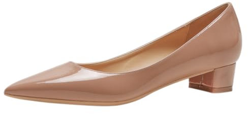 Talons carrés pour Femmes Cuir Verni Bout Pointu Talon épais Enfiler Escarpins pour Femmes pour la Remise des diplômes Nude 38 EU