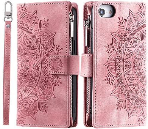 VEEMOS Wallet Case for iPhone SE 2022/2020, iPhone 7/8 Flower Flip Case Protective Leather Folio Book Phone Cover with Card Slots Kickstand Zipper Pocket - Pink