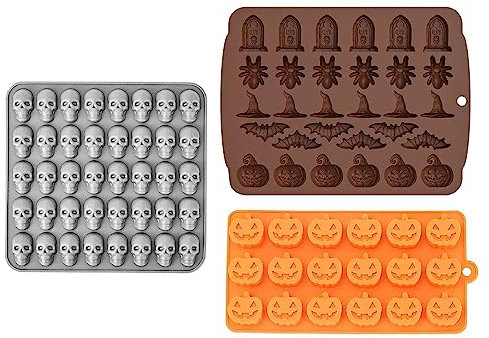 Silikonformen Set Mini Totenköpfe, Kürbisse, Halloween Charaktere für Gummibärchen, Eiswürfel & Backen - Motiv-Back & Eis-Form mit Pipette - Dekoration, Halloween, Karneval & Motto-Party - 3er Pack