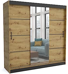 Brent - Kleiderschrank mit Spiegel 200cm Breit Windsor Tomy I Schlafzimmerschrank mit Stangen und Einlegeböden für Kleidung I Kleiderschrank Artisan Eiche