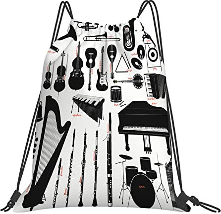 DELURA Rucksack mit Kordelzug,Klarinette Musikinstrumente Flöte Banjo Trommel Fagott Klavier Piccolo Posaune,Kordelzug-Sackpack für Sport, Yoga, Reisen, Cinch-Tasche mit Reißverschlusstasche