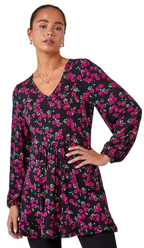 Roman Originals Smock Tunic Top for Women UK - Ladies Everyday Autumn Winter V-Neckline Comfy Soft Evening Vacation Work Party Night Out - Petite Pink - Size 12