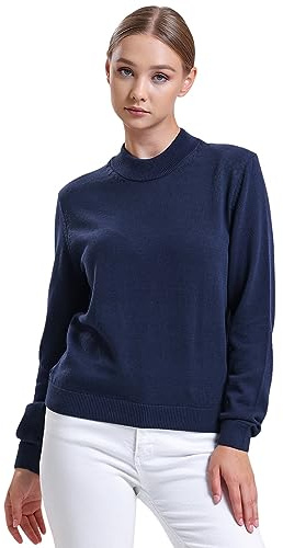 alsestudio Women`s Mock Neck Jumper 100% Cotton Premium Quality Soft Touch Long Sleeve Pullover Essential Style Knitted Roll Neck Sweaters for Women (Navy, M)