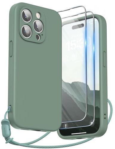 SURPHY Compatible with iPhone 15 Pro Case, Liquid Silicone Shockproof | [2 x Screen Protectors & 1 x Lanyard] Protection for Each Lens, Cover for iPhone 15 Pro 6.1, Cypress