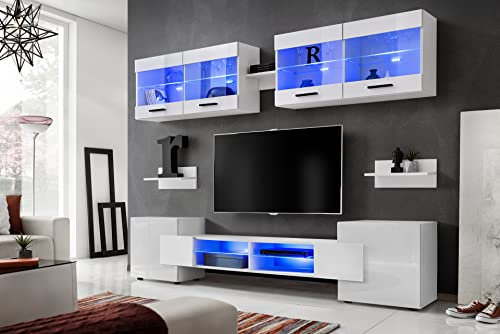Komodee, Wohnwand Wohnzimmerset RTV Foggia, Front in Weiß Hochglanz/Karkasse in Weiß Matt, Breite 230cm x Höhe 195cm x Tiefe 35cm, LED Blau, für Wohnzimmer, Schlafzimmer