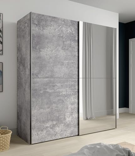Forte KAIKAIS Kleiderschrank 150 170, Schwebetürenschrank mit Spiegel, 2-türig, Einlegeböden und Kleiderstange, Moderner Kleiderschrank, Betonoptik Holzdekor, 170 cm breit x 190,5 cm hoch x 61 cm tief