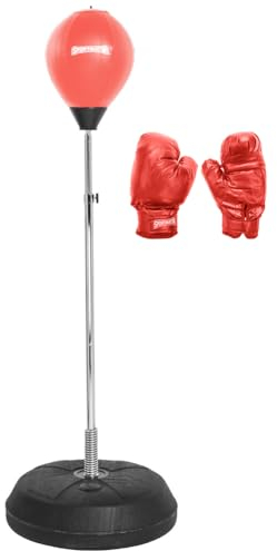 SPORTINATOR® Punchingball Boxstand Standbox-Trainer 3er-Set inkl. Boxbirne & Boxhandschuhen höhenverstellbar 125 cm bis 150 cm. Trainiert Reflexe und Geschwindigkeit (Rot)