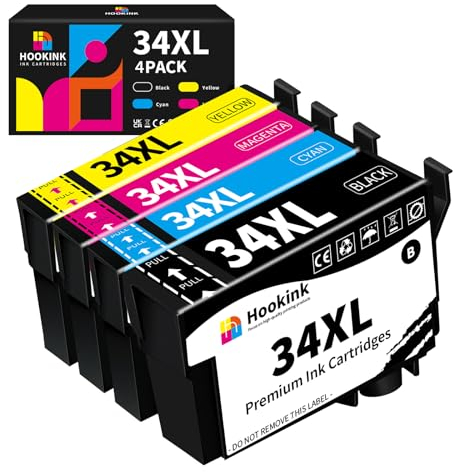 Hookink 4er-Pack 34XL 34 XL Druckerpatronen Multipack Kompatibel für Epson 34XL Multipack Patronen für Workforce Pro WF-3720DWF WF-3725DWF WF-3720 WF-3725 WF3720 WF3725