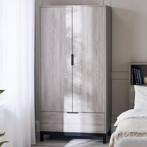 Julian Bowen Bali 2 Door 1 Drawer Wardrobe-Grey Oak, Engineered Wood, 185 x 92 x 55cm | Industrial Style Double Closet, Clothing Rail & Shelf, Storage Armoire for Bedroom