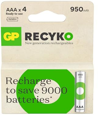 GP Lot de 4 piles Recyko 950 AAA Slim Pen Ni-Mh rechargeables 1,2 V