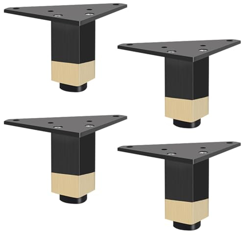 SZLXJMFL Tischbeine Schwarz mit Gold, 4er Set Tischbeine, Höhenverstellbar: 6-40cm Sofasfüße Vierkant Schrank Füße Couchtisch Beine Sockelfuß Tischfüße Aluminiumlegierung Mit Schrauben-10cm/4
