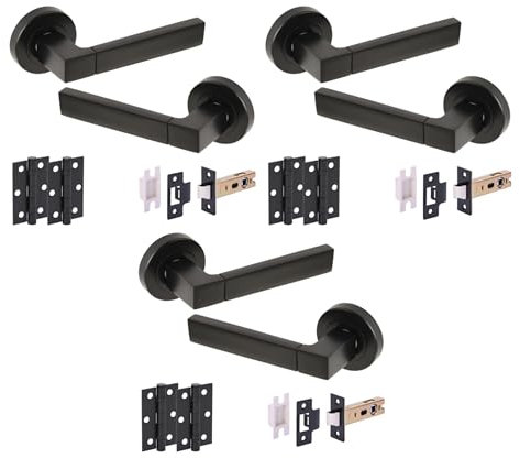 HANDLEZONE® 3 Sets Luxa Internal Door Handle Pack, Complete with Lever Handles, 76mm Latch, 75mm Ball Bearing Hinges - Black Matt