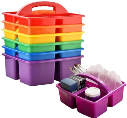 6pcs School Table Caddy with Handle, Stackable Plastic Table Organiser Tidy, 3 Compartment Classroom Table Organisers for Teacher, Art and Cleaning Supplies