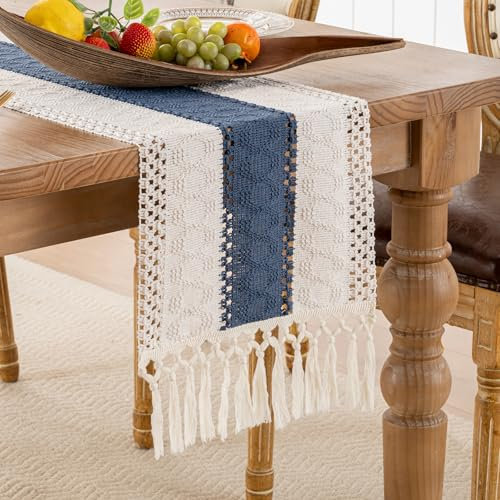 Tischläufer Modern Boho Marineblau Baumwolle Leinen mit Quaste Rustikaler Bauernhaus Abwaschbar Tischläufer Makramee Tischdekoration für Küche Urlaub Geburtstag Tabletop Dekor 30 x 140 cm