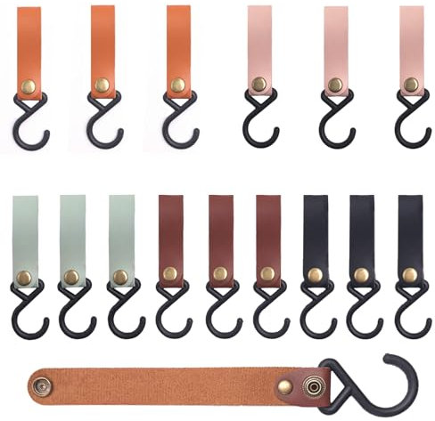 Carreuty 15 Stück S Haken mit Lederschlaufe, 12.5 x 2 cm Kleiderhaken Camping Haken, Multifunktionshaken Haken für Kleiderstange Badezimmer Küche Garderobe Mantel