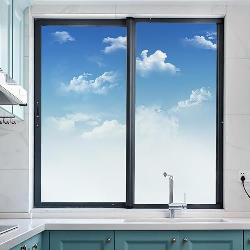 Fensterfolie Blaue Weiße Wolken Milchglasfolie ohne Klebstoff Fensterfolie Blickdicht Folie Fenster Sichtschutz Anti UV Klebefolie Fenster Büro Sichtschutzfolie Fenster 2Pcs (70x150 cm)