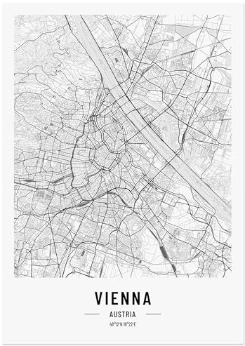 JUNOMI® Wien Poster DIN A4 Wohnzimmer Deko, Modernes Wandbild, Wien Bild, Wandbild ohne Rahmen, Stadtplan Poster Wien, perfekte Geschenkidee für Wiener