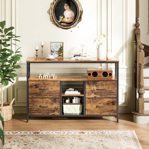 KEFSR Mobile TV in legno con cassetti, serie Art retrò, 137 x 78 x 30 cm, mobile TV da pavimento in legno con luce LED, console multimediale TV, mobile toni classici (marrone, 137 x 78 x 30 cm)