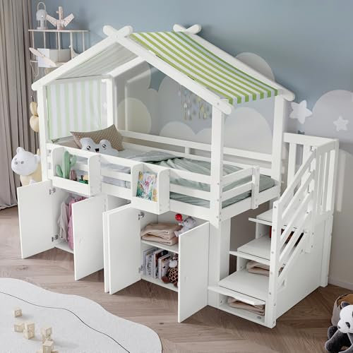 Moimhear Etagenbett, Kinderbett, mit Fallschutzgitter, 1 Kleiderschrank und 2 Schließfächer, mit 3 Schließfächer in der Treppe, gestreifter Stoff, Kiefer+MDF+Sperrholz, Weiß+Grün, 90x200cm