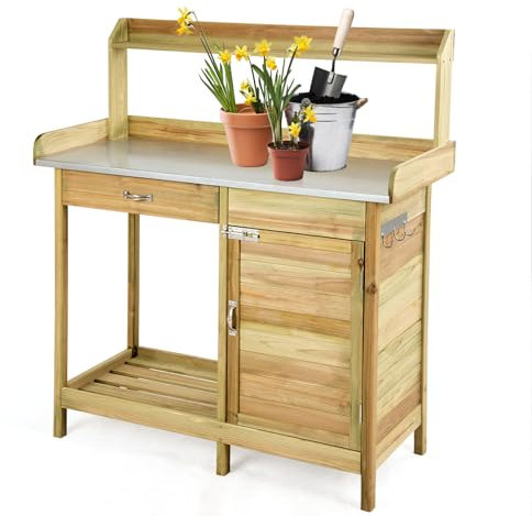 HOMASIS Etabli Atelier Garage Exterieur en Bois, Bureau de Travail avec Tiroir, Table de Jardinage pour Plantes, Armoire et Plateau en Métal pour Jardin, Balcon, Terrasse, 112 x 46 x 125 cm