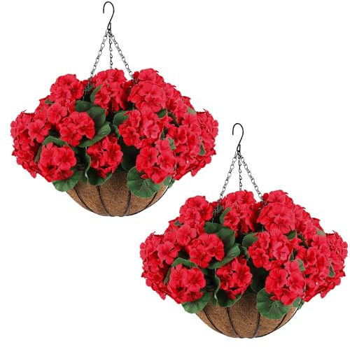 Hananona Juego de 2 flores artificiales de geranios para exteriores con cesta colgante, 2 macetas colgantes con 12 flores rojas de geranio para primavera, verano, porche delantero, jardín, patio