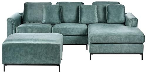 Beliani 4-Sitzer Ecksofa Samt blaugrün Links mit Ottomane modern Edelstahlfüße Oslo