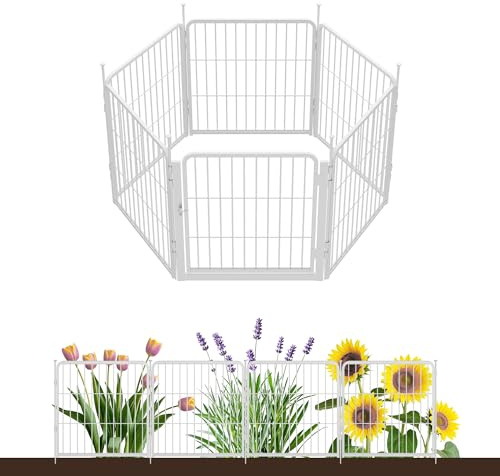 Garden Fence with Gate 60 cm(H) x 3.4 m(L) 6 Panels, Heavy Duty Metal Animal Barrier for Dog and Rabbit, Outdoor Fencing, Easy Set Up, White