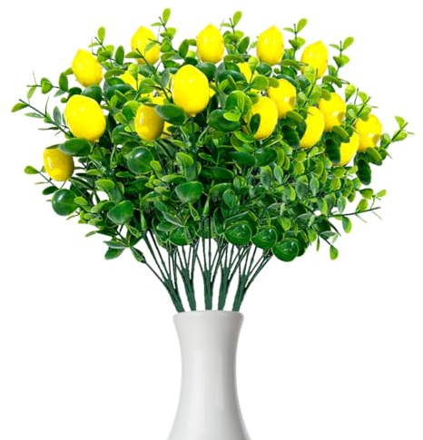 JOYWU 5 Pack Artificial Lemon Branches for Vases,30cm 7 Stems Fake Lemons Branch with Eucalyptus Leaves,Fake Lemon Plant for Home Decor,Yellow Faux Lemons Table Centerpiece,Spring Summer Decoration