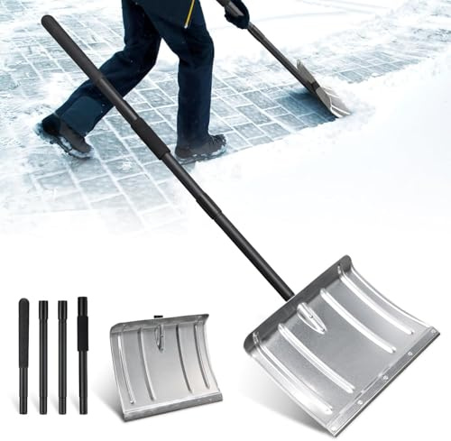 Snow Shovel, Heavy Duty Aluminum Metal Tool - 170 cm Long Handle Ergonomic Metal Snow Push Shovel, Portable for Driveway Car Trunk Home Garage Backyard Walkway Parking, Black