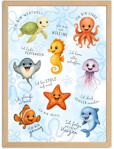SpecialMe® Affirmationsposter Kinder Meerestiere Ozean Wandbilder Kinderzimmer Wanddeko Mutmacher Geschenk Selbstliebe Motivation Weiss