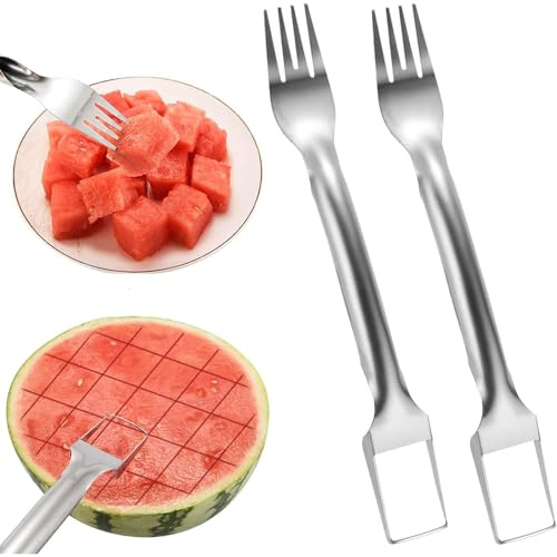 2Pcs Watermelon Fork Slicer Cutter, Stainless Steel 2-in-1 Watermelon Slicer and Fork, Easy Fruit Cutter Tool for Home, Party, Camping, Kitchen Gadgets